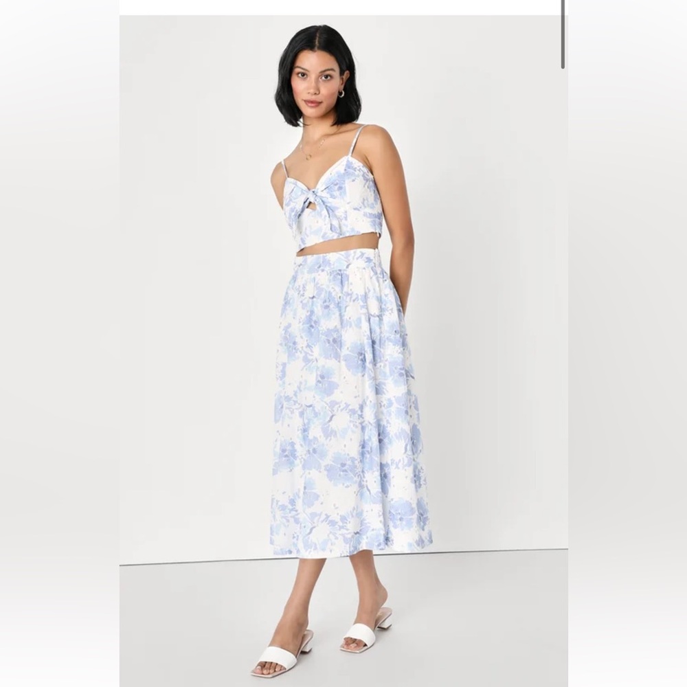 LULUS White and Blue Eyelet Embroidered Two-Piece Dress